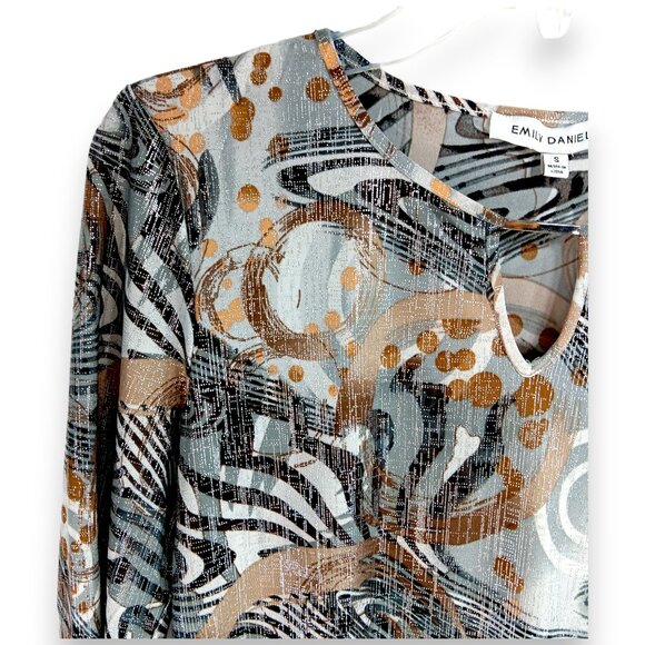 EMILY DANIELS-Women's Top-Brushed Abstract-3/4 Sleeve-SMALL-Black-Gray-Tan-White - Picture 10 of 15